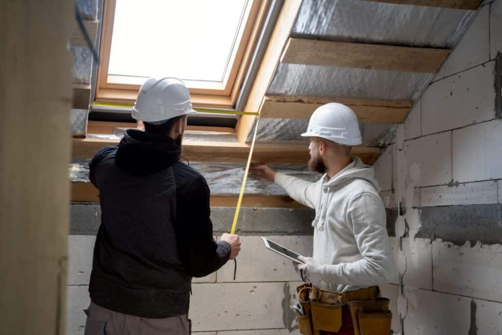 Two people in hard hats are measuring a window in a construction site. One holds a tape measure, the other takes notes; they're focused on the task.