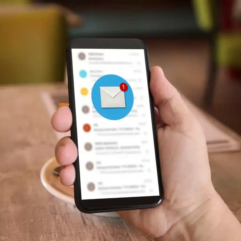 A person is holding a smartphone displaying a notification for one new email. The background is blurred with a wooden surface visible.